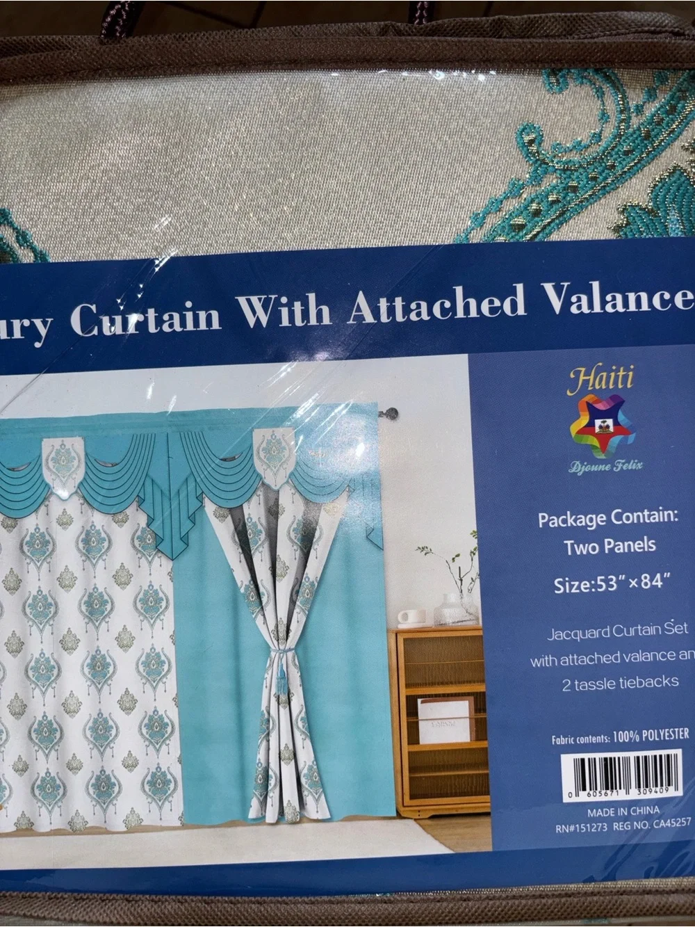Teal and White Jacquard Curtain Set with Attached Valance